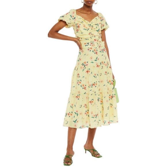 💕PALOMA BLUE💕 Evie Gathered Floral-Print Crepe Midi Dress Yellow Medium M NWOT - Picture 2 of 16